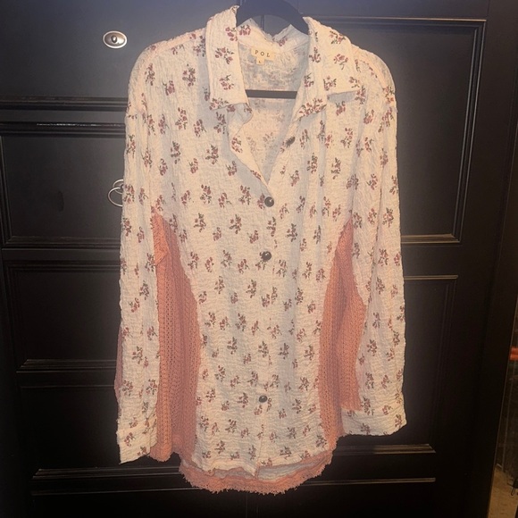 POL Tops - POL Floral Button-Up Blouse - White and Pink